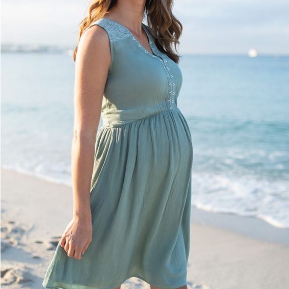 Seraphine Sage Embroidered Maternity & Nursing Dress